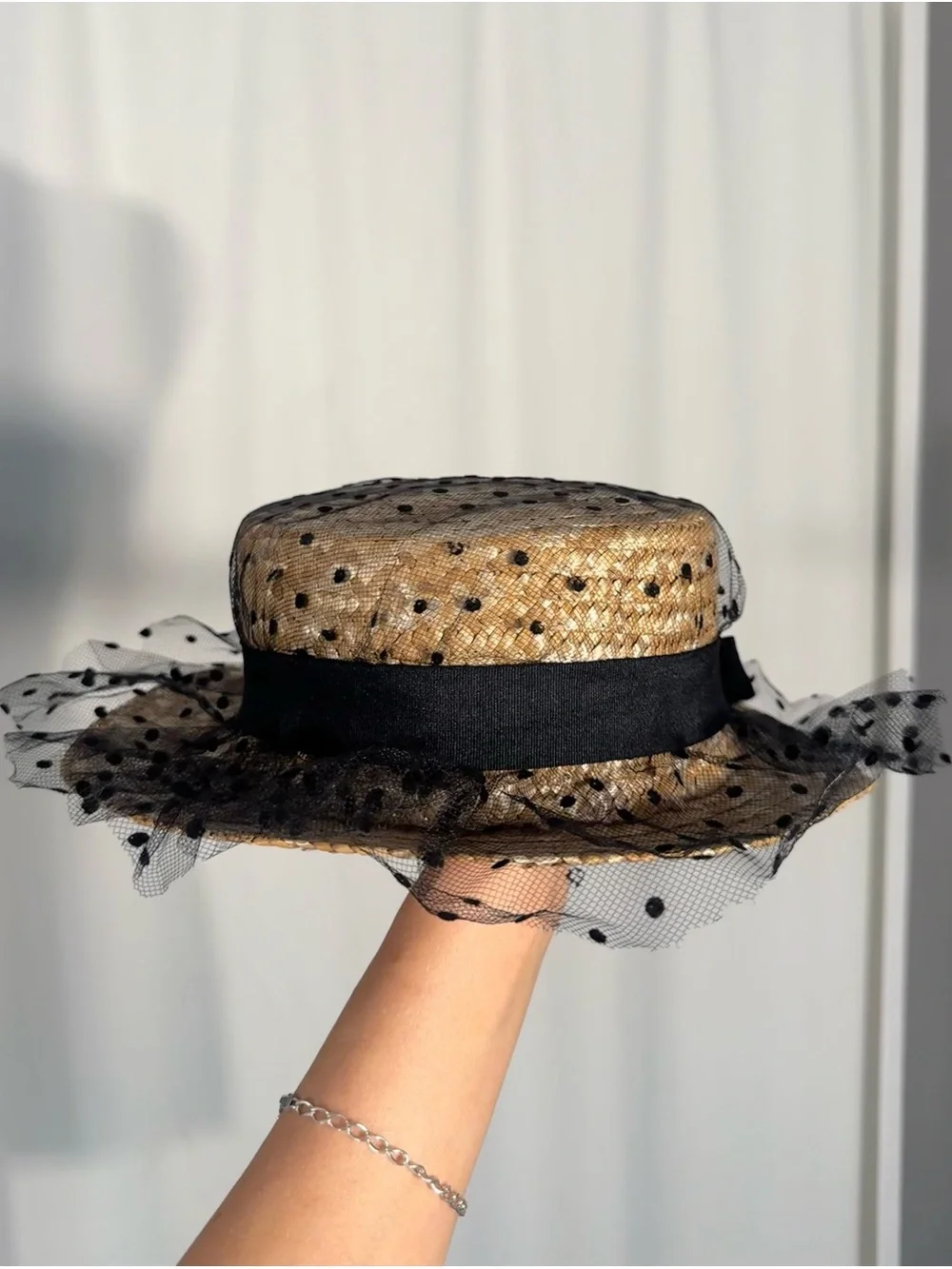 Vintage Style Polka Dot Tulle Straw Hat